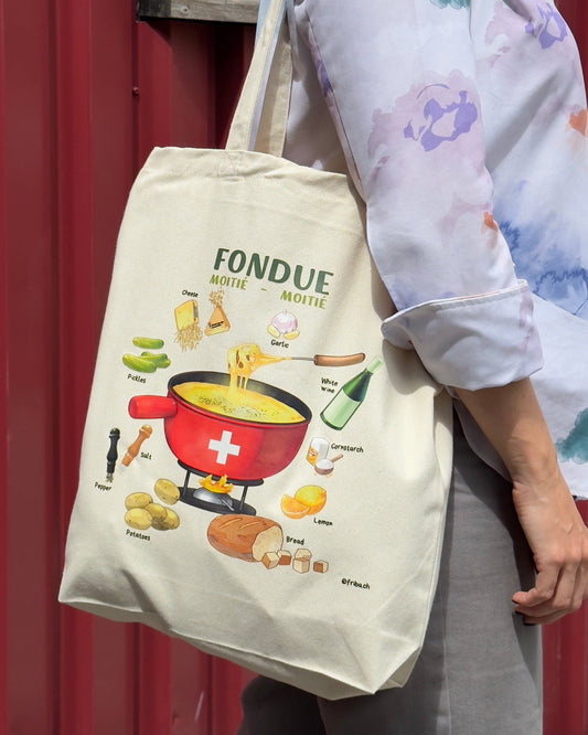 Tote Bag Fondue Moitié-Moitié - illustrierte Baumwolltasche, in Zürich veredelt