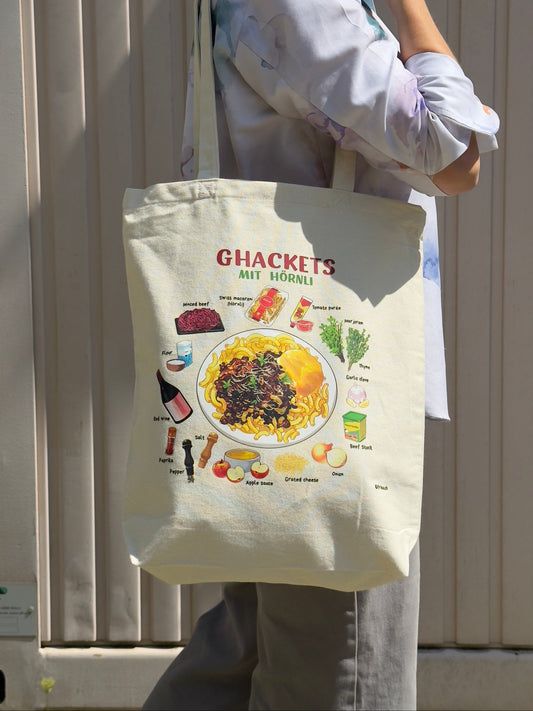 FRiBA Tote Bag Ghackets mit Hörnli - illustrierte Baumwolltasche, in Zürich veredelt