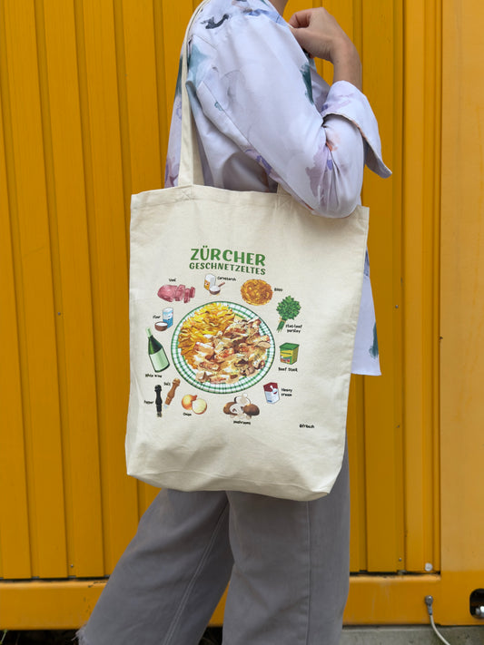 FRiBA Tote Bag Zürcher Geschnetzeltes - illustrierte Baumwolltasche, in Zürich veredelt
